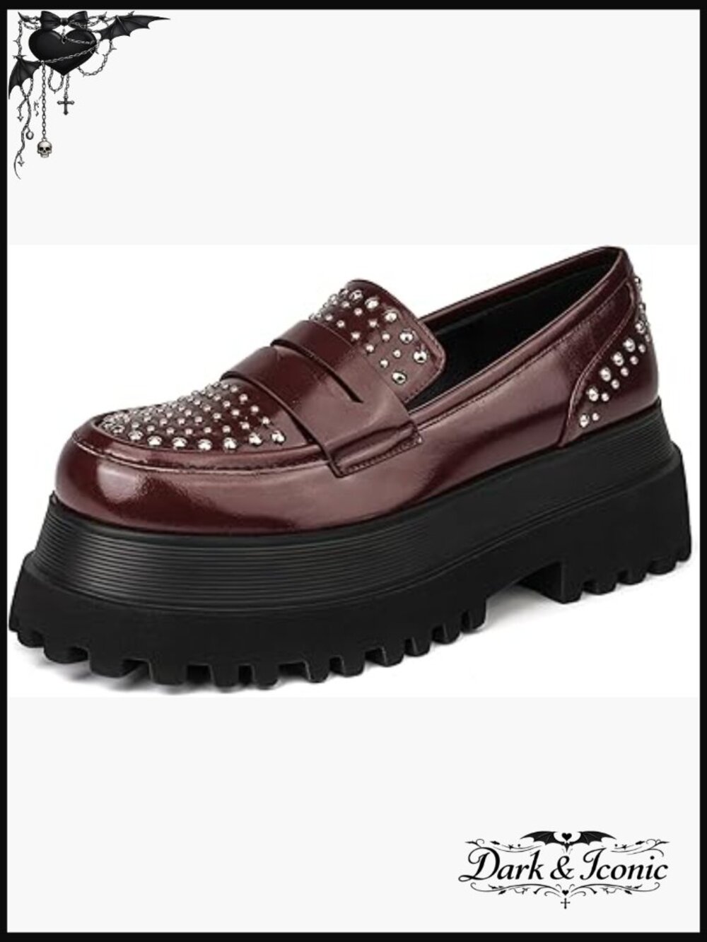 Chunky Studded Platform Loafers, Glossy Patent Leather Slip-On Flats with Lug